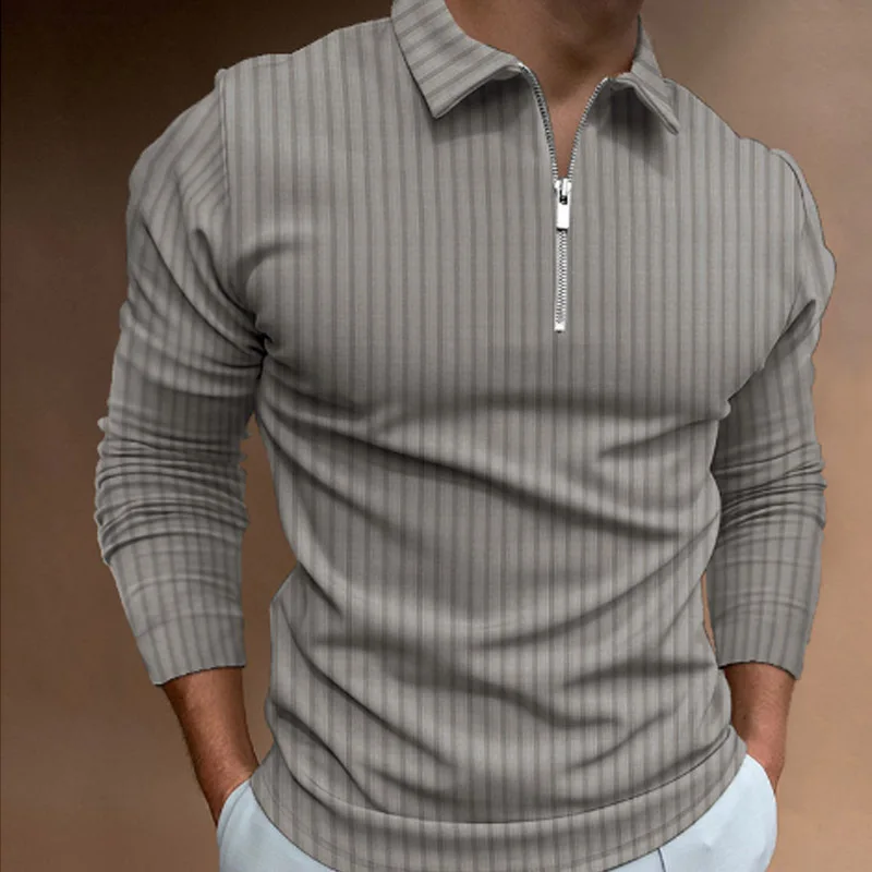Men'S Polo Formal Wear - メンズ春秋長袖ストライプポロトップジッパーラペルビジネスメンズウェア