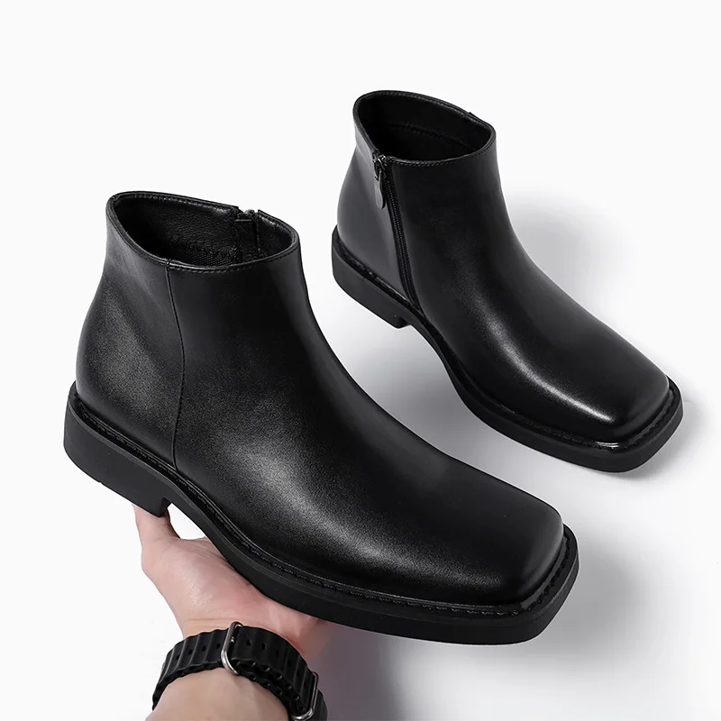 Men Formal Wear With Boots - 黒の新ファッション男性カジュアル革靴秋冬ドレスアンクルブーツヴィンテージ英国ビジネススクエアトゥチェルシーブーツ