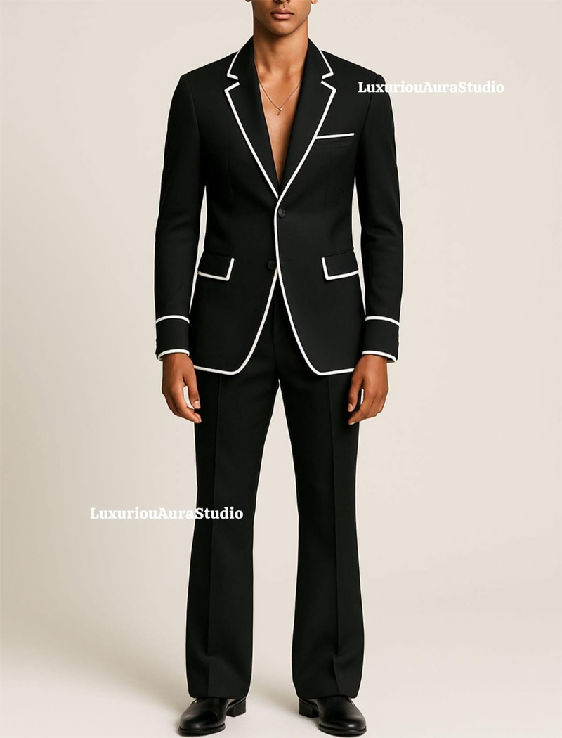 Men Formal Wear With Coat - デザイナーブラックメンズスーツセット 2ピース ブレザー+パンツ ホワイトストライプ カスタマイズフォーマルオフィスジャケット ウェディングタキシード
