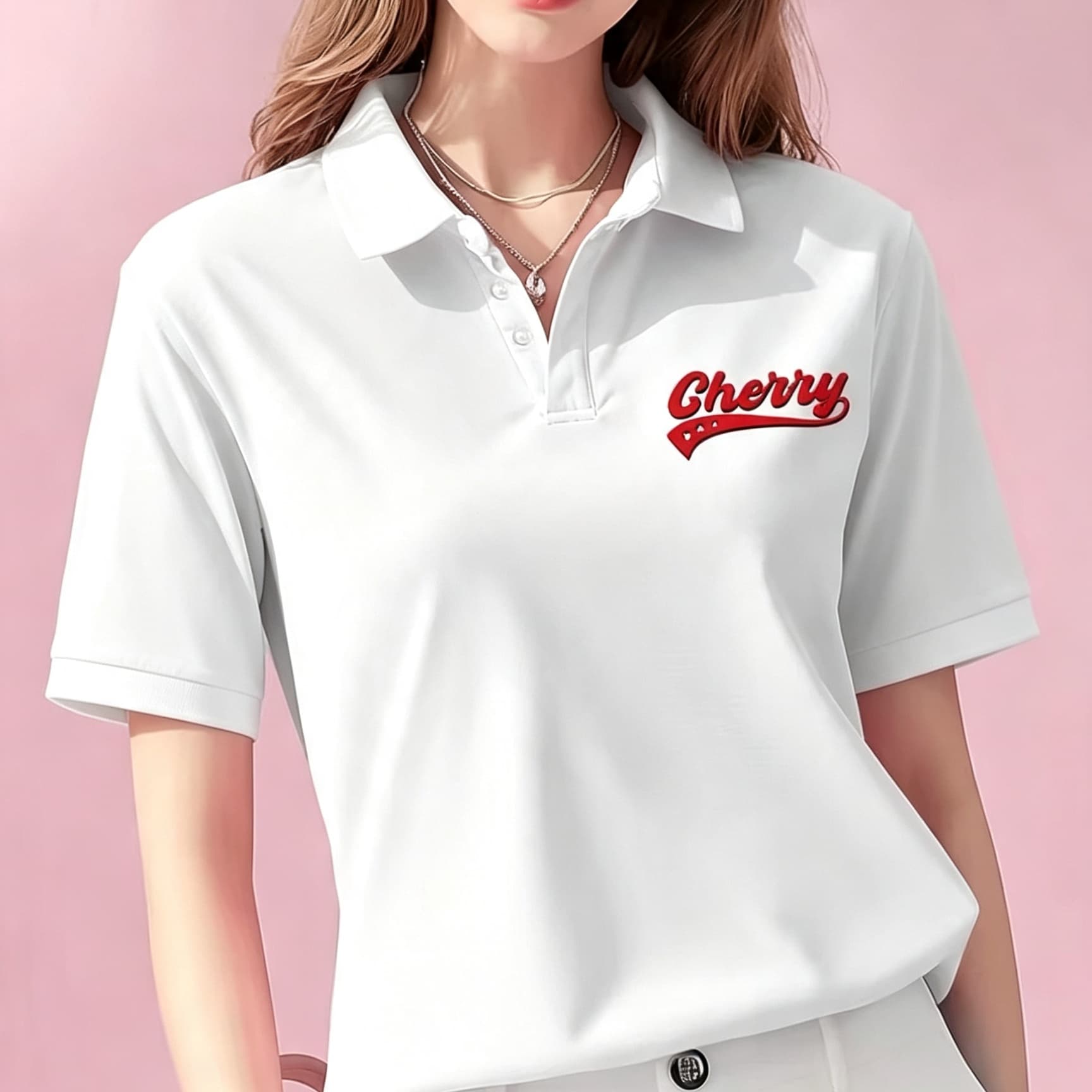 Men'S Polo Formal Wear - カジュアルな白のユニセックスポロブラウス、スタイリッシュな赤いチェリーレターグラフィック、半袖、ゆったり、通気性があり、オールシーズン対応の普段着トップスシャツ