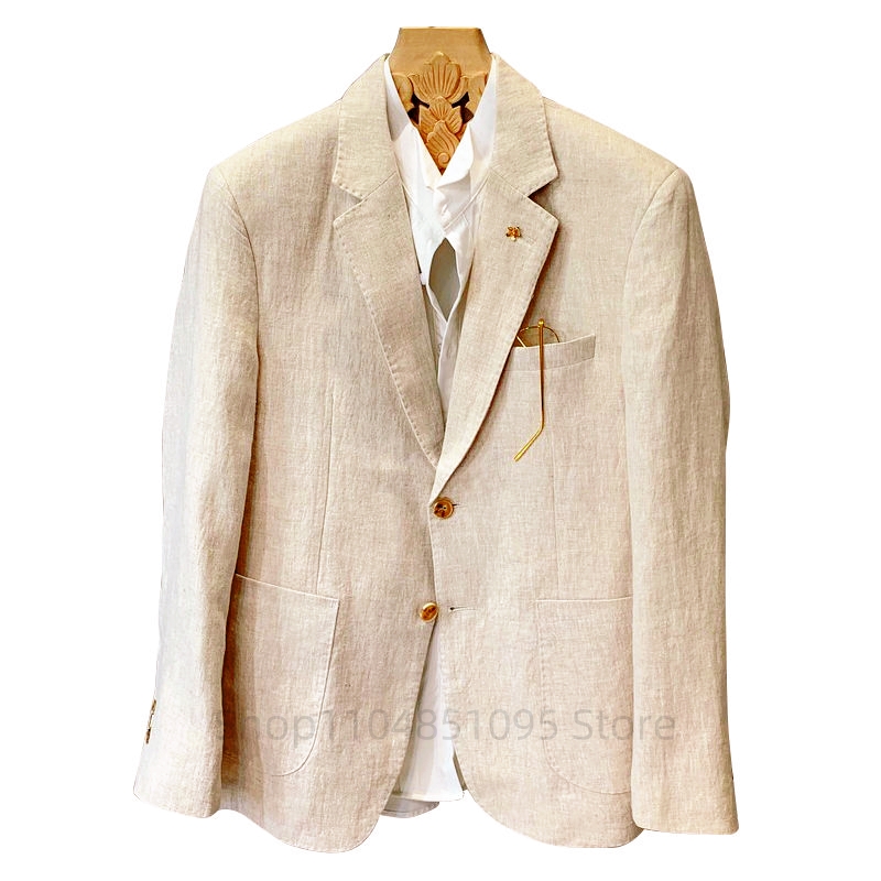 Men Formal Wear With Coat - ベージュ男性スーツリネンブレザージャケットビジネスカジュアルスーツデザイナーコート新しい春夏フォーマルウェアスリムフィットブレザートップス