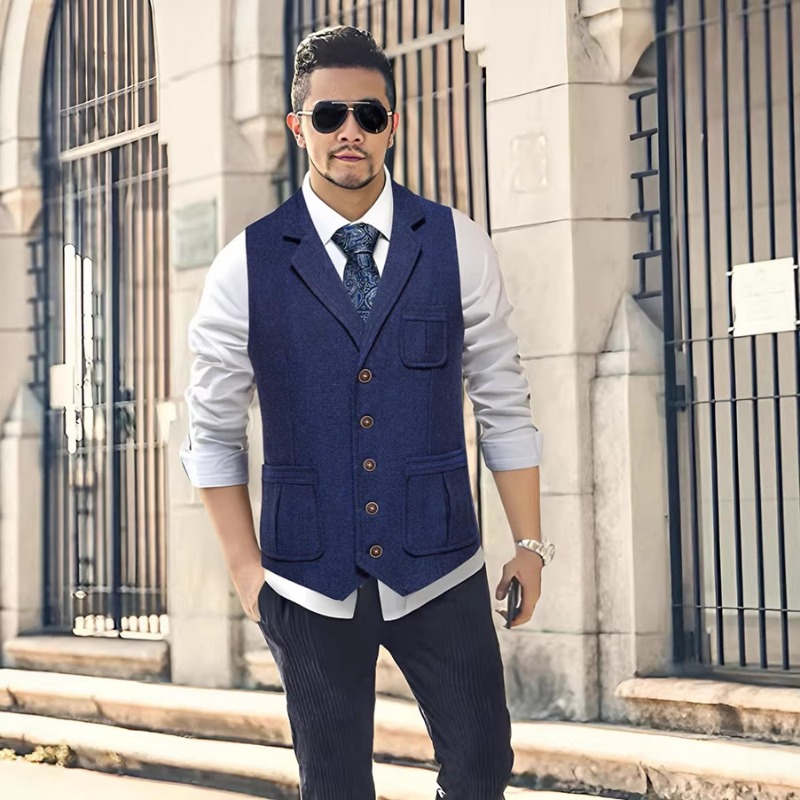 Men'S Vintage Formal Wear - メンズヘリンボーンツイードスーツベストノッチドラペルシングルブレストウエストコート結婚式ビジネスヴィンテージフォーマルウェア