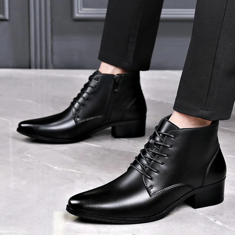 Men Formal Wear With Boots - メンズカジュアルビジネスオフィスフォーマルドレスチェルシーブーツシューズ本革ブーツブラックアンクルレースアップ