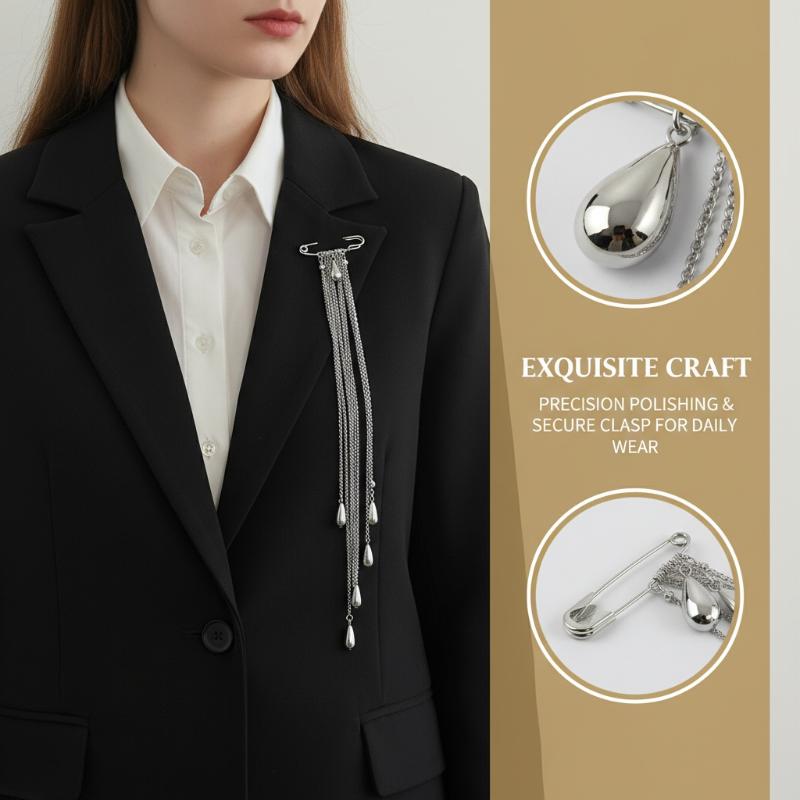 Mens Formal Look - エレガントな水滴タッセルブローチ メンズ用 メタルチェーンラペルピンアクセサリー フォーマルスーツ オフィスパーティールックに