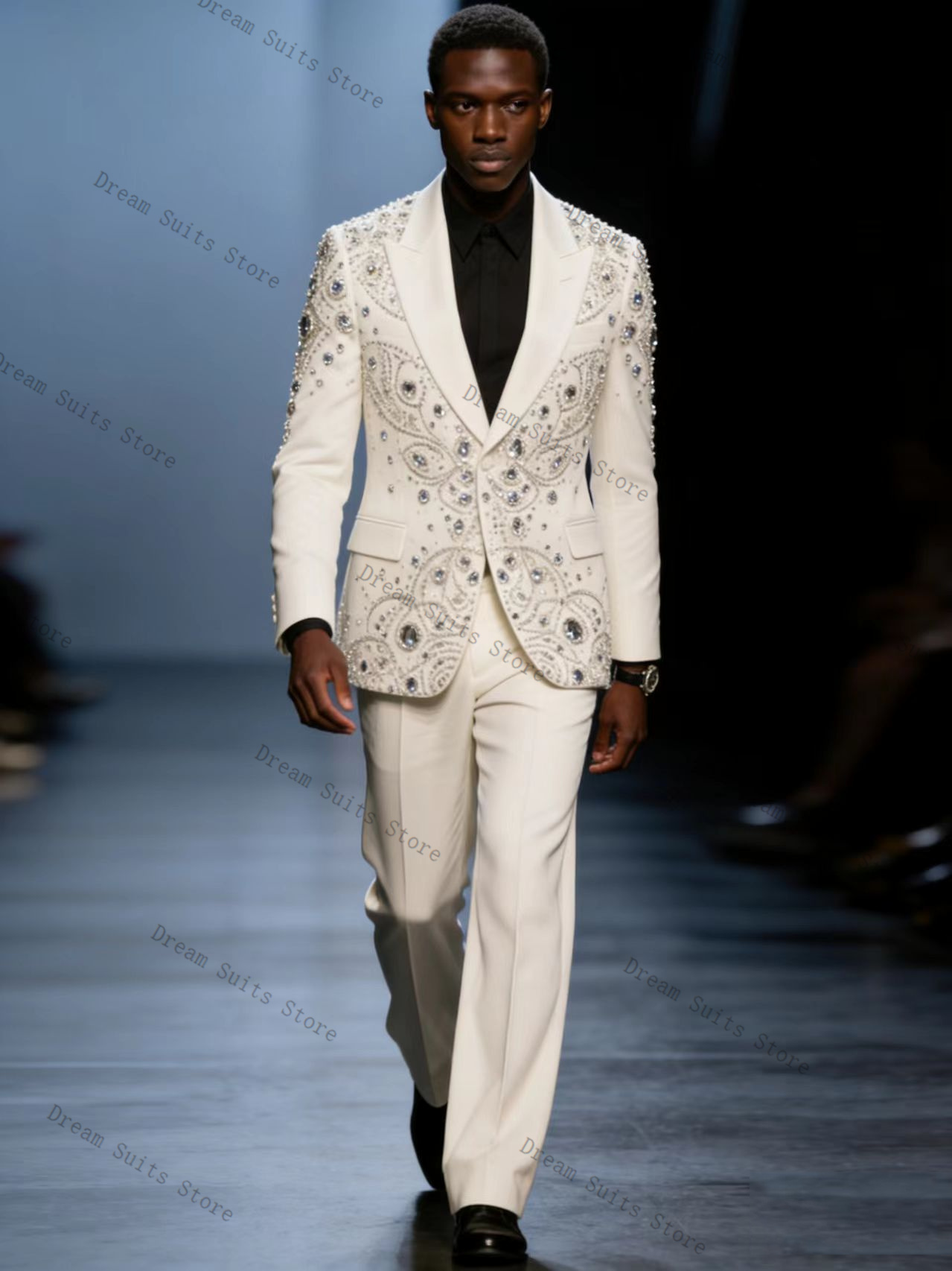 Men Formal Wear With Coat - 高級クリスタルメンズスーツセット 2 ピースブレザー + パンツズボンカスタマイズされた春白フォーマルオフィスジャケット結婚式のタキシードプロムコート