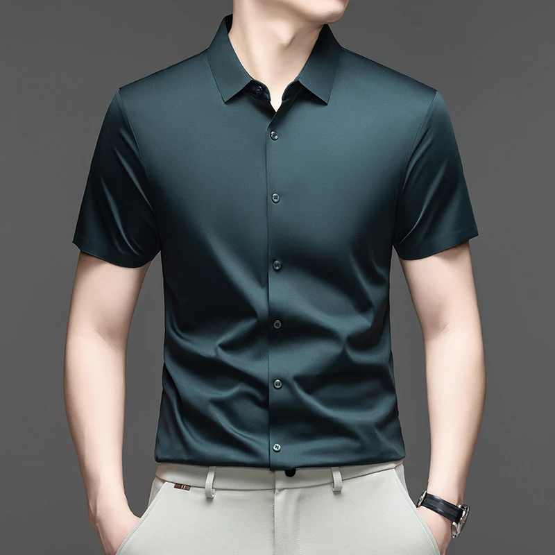 Mens Formal Look - メンズフォーマルカジュアルシャツ半袖アイスシルククラシックカラースマートルックに最適