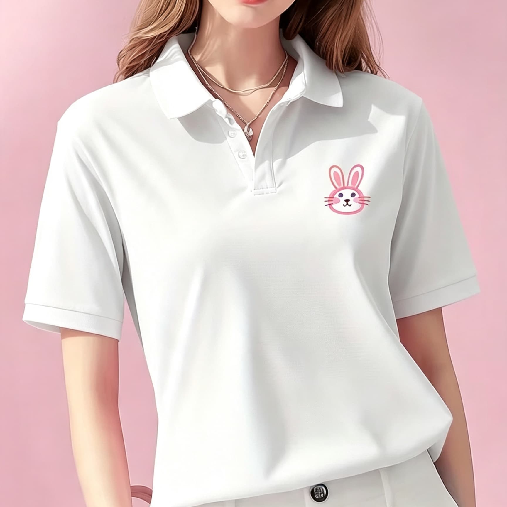 Men'S Polo Formal Wear - ユニセックス ブラック ラペルカラー ポロシャツ キュートなピンクの輪郭線ウサギ柄 グラフィック
