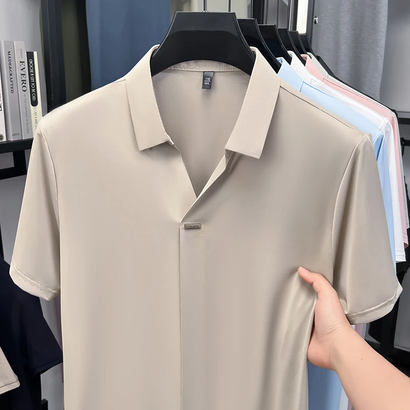 Men'S Polo Formal Wear - メンズオフィスフォーマル半袖シャツ、フラットノッチラペル、隠しメタルバープラケット、しわになりにくい、軽量、通勤、普段着