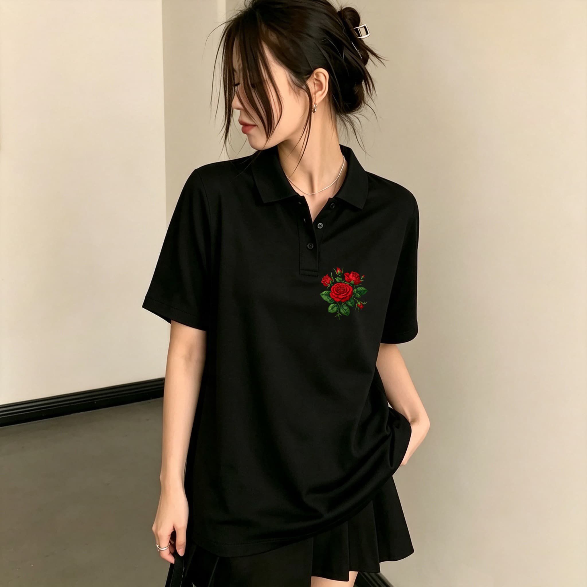 Men'S Polo Formal Wear - 万能カジュアルブラックポロブラウス（女の子用）繊細な赤い花柄のバラ刺繍入り半袖ルーズで通気性のある普段着シンプルベーシックシャツ