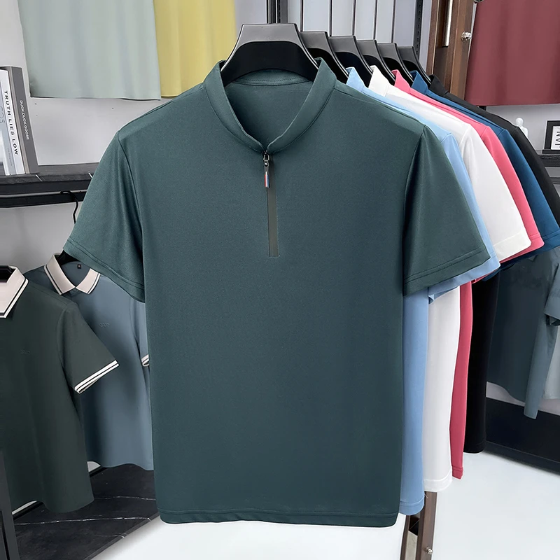 Men'S Polo Formal Wear - メンズビジネスフォーマルハーフジップスタンドカラーシャツ半袖アイスシルク通気性サマーウェア