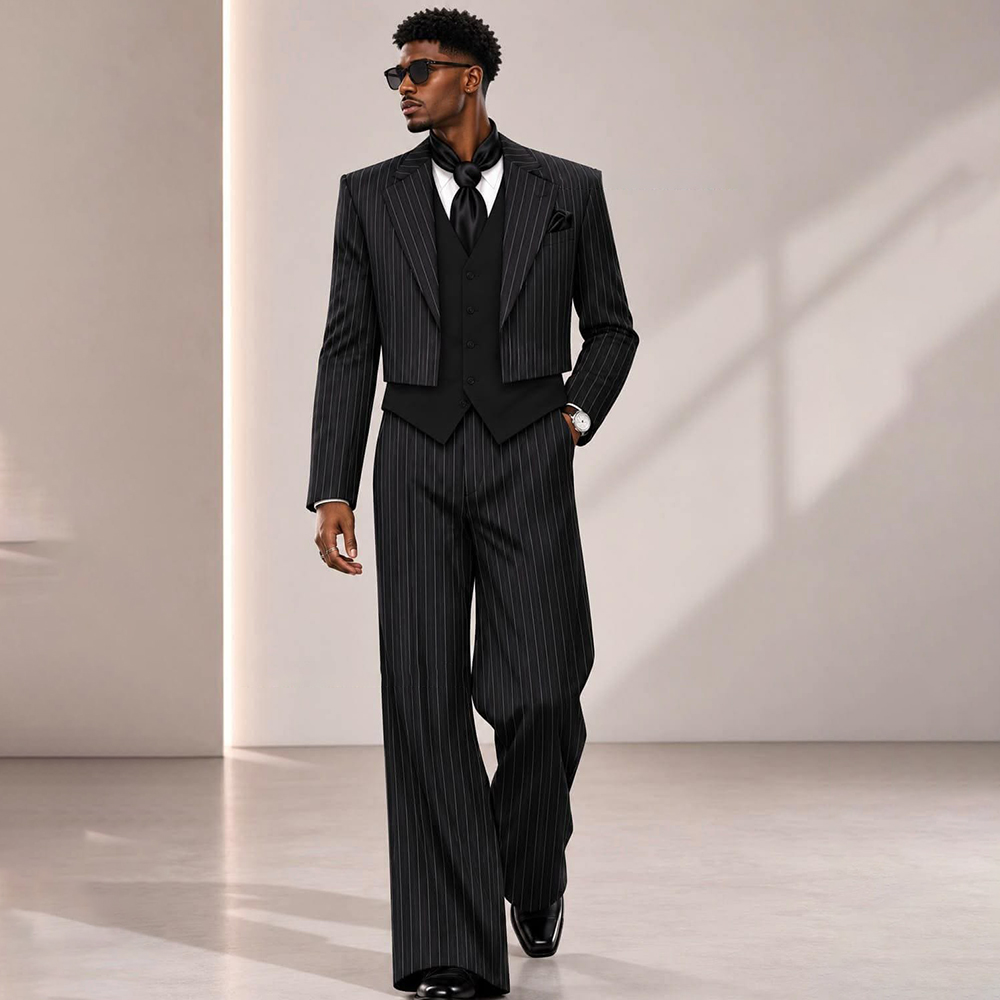 Mens Formal Look - モダンメンズ ブラックピンストライプスーツ ノッチラペル クロップドブレザー ベスト パンツ