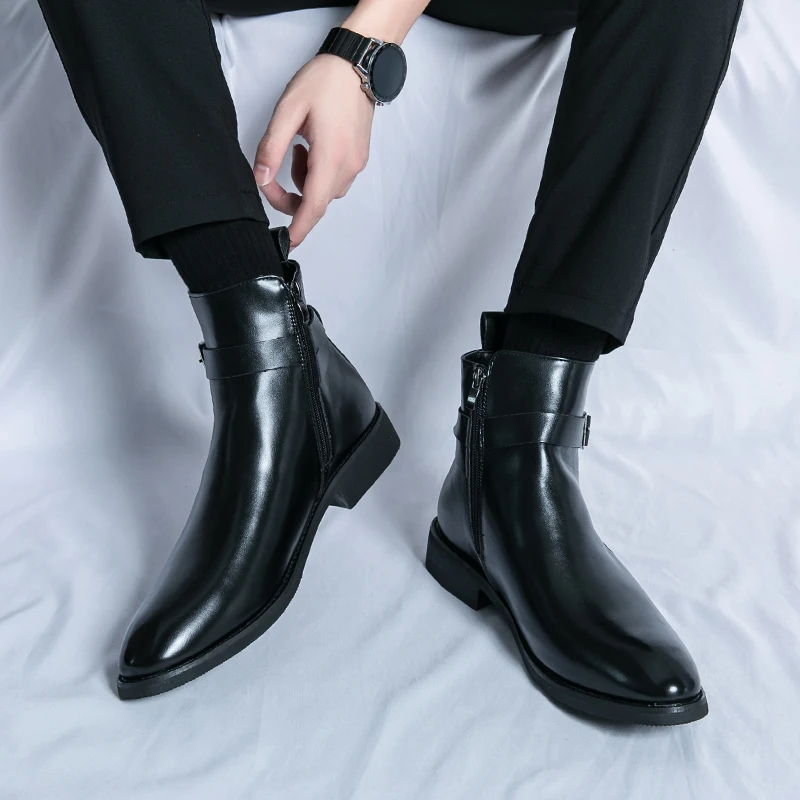 ファッションデザイナーメンズポインテッドレザーブーツ英国ビジ - Men Formal Wear With Boots のレビューと価格