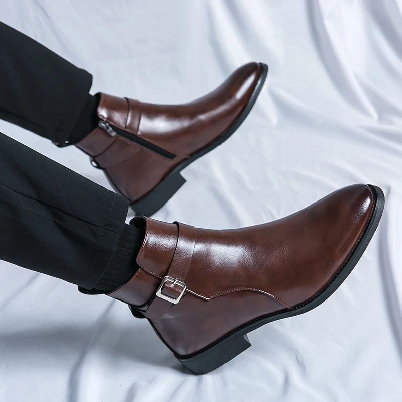 ファッションデザイナーメンズポインテッドレザーブーツ英国ビジ - Men Formal Wear With Boots のレビューと価格