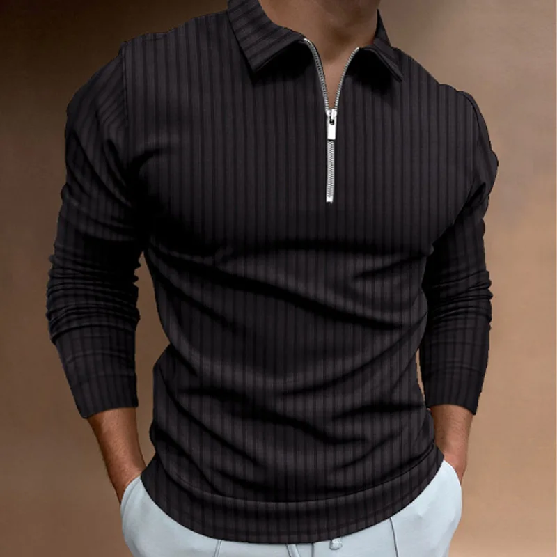 メンズ春秋長袖ストライプポロトップジッパーラペルビジネスメン - Men'S Polo Formal Wear のレビューと価格