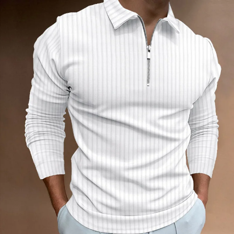 メンズ春秋長袖ストライプポロトップジッパーラペルビジネスメン - Men'S Polo Formal Wear のレビューと価格