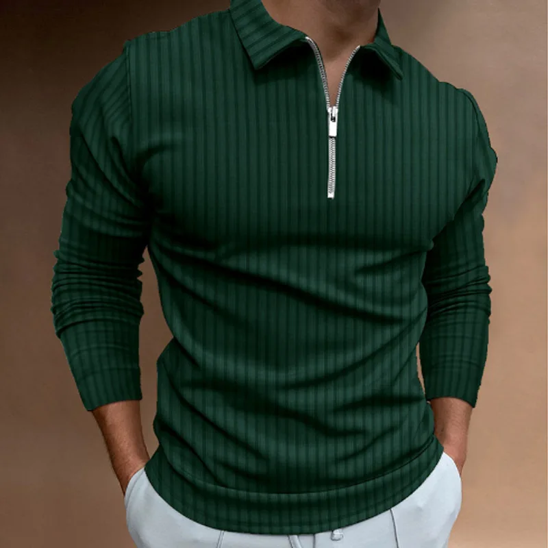 メンズ春秋長袖ストライプポロトップジッパーラペルビジネスメン - Men'S Polo Formal Wear のレビューと価格