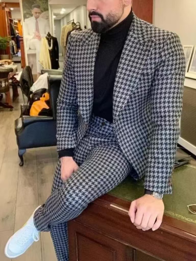 千鳥格子柄ヴィンテージメンズスーツ、ピークラペル、2ピースブ - Men'S Vintage Formal Wear のレビューと価格