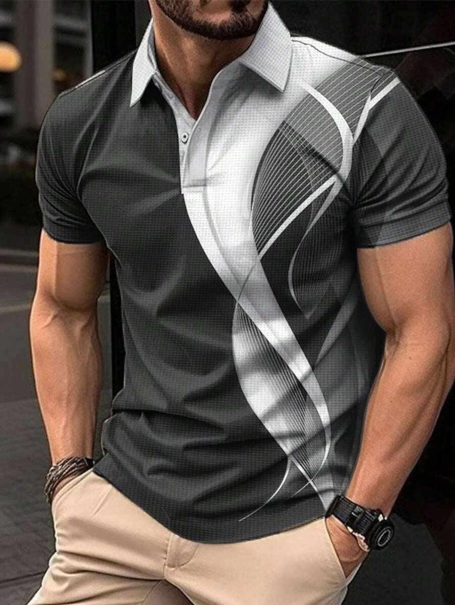 メンズカジュアル半袖ワッフルポロシャツ、幾何学模様デジタルプ - Men'S Polo Formal Wear のレビューと価格