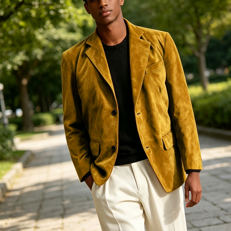レトロなメンズフェイクスエードブレザー、ノッチドラペル、2ボ - Men Formal Wear With Coat のレビューと価格
