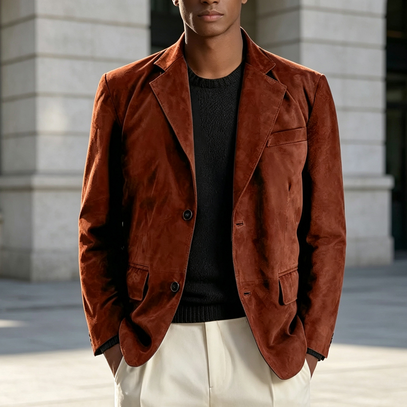 レトロなメンズフェイクスエードブレザー、ノッチドラペル、2ボ - Men Formal Wear With Coat のレビューと価格