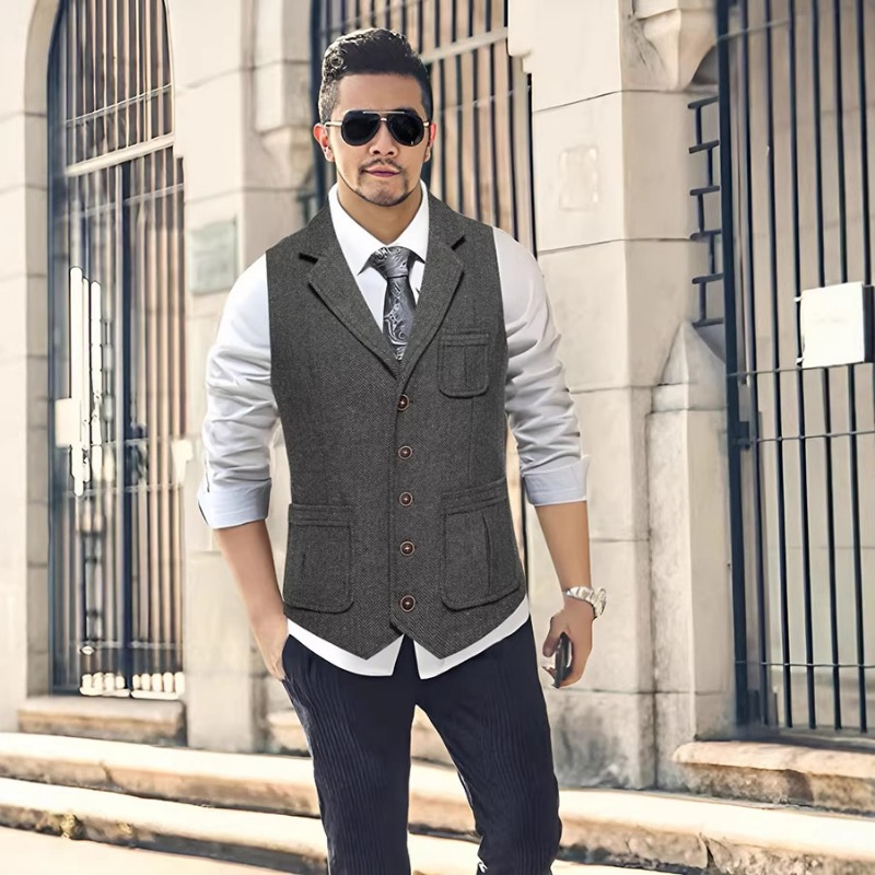 メンズヘリンボーンツイードスーツベストノッチドラペルシングル - Men'S Vintage Formal Wear のレビューと価格
