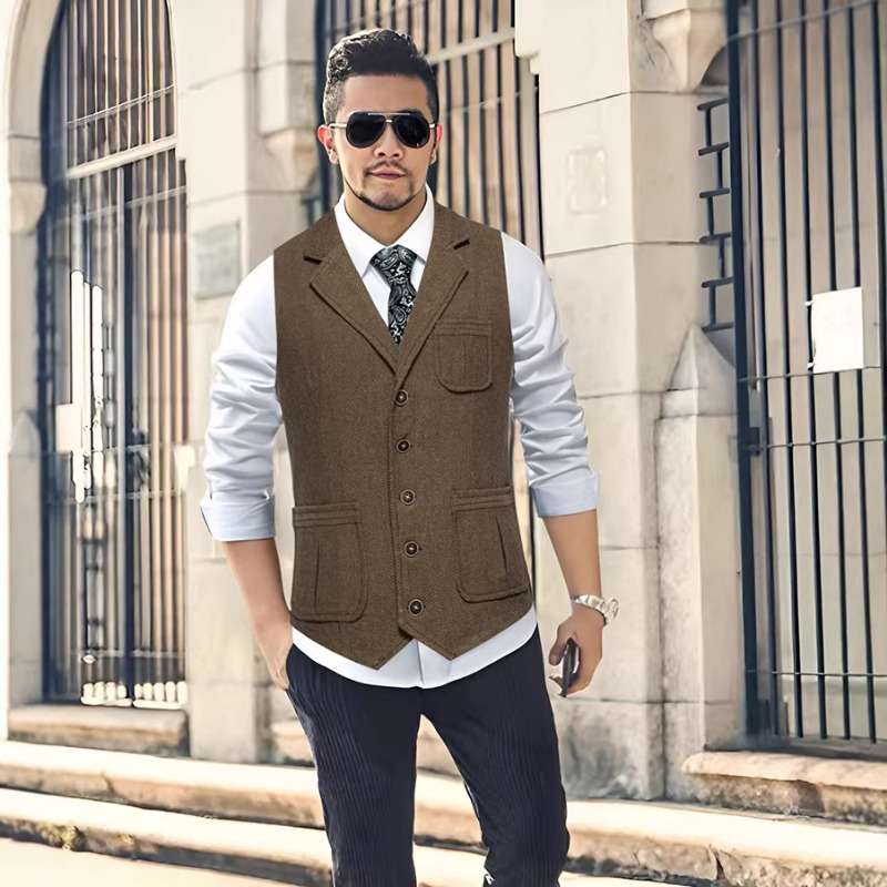 メンズヘリンボーンツイードスーツベストノッチドラペルシングル - Men'S Vintage Formal Wear のレビューと価格