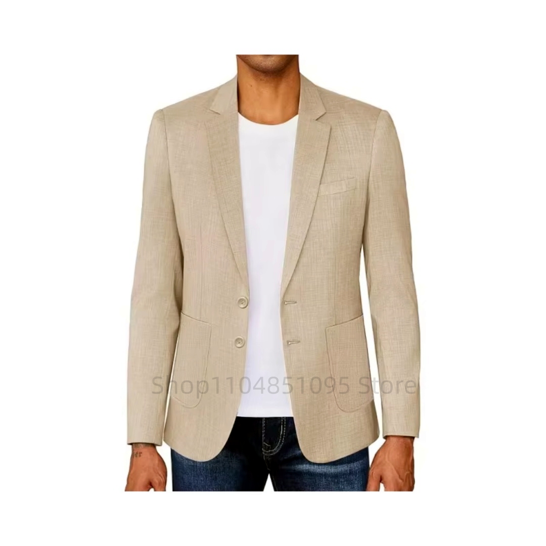 スリムフィットメンズベージュ/ブルーリネンブレザーカジュアル - Men Formal Wear With Coat のレビューと価格