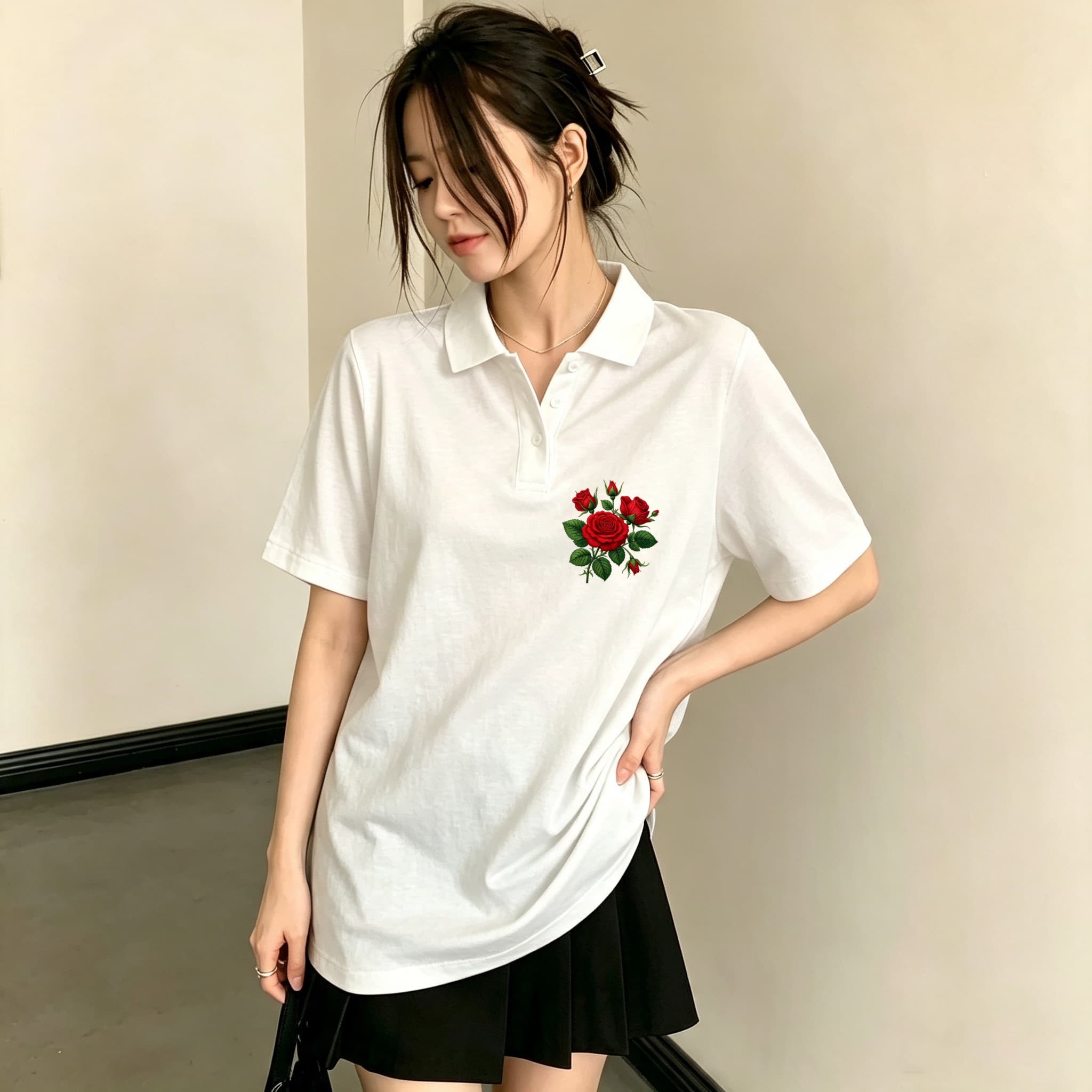 万能カジュアルブラックポロブラウス（女の子用）繊細な赤い花柄 - Men'S Polo Formal Wear のレビューと価格